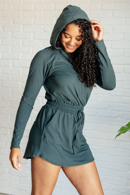 Getting Out Long Sleeve Athletic Romper in Smoked Spruce