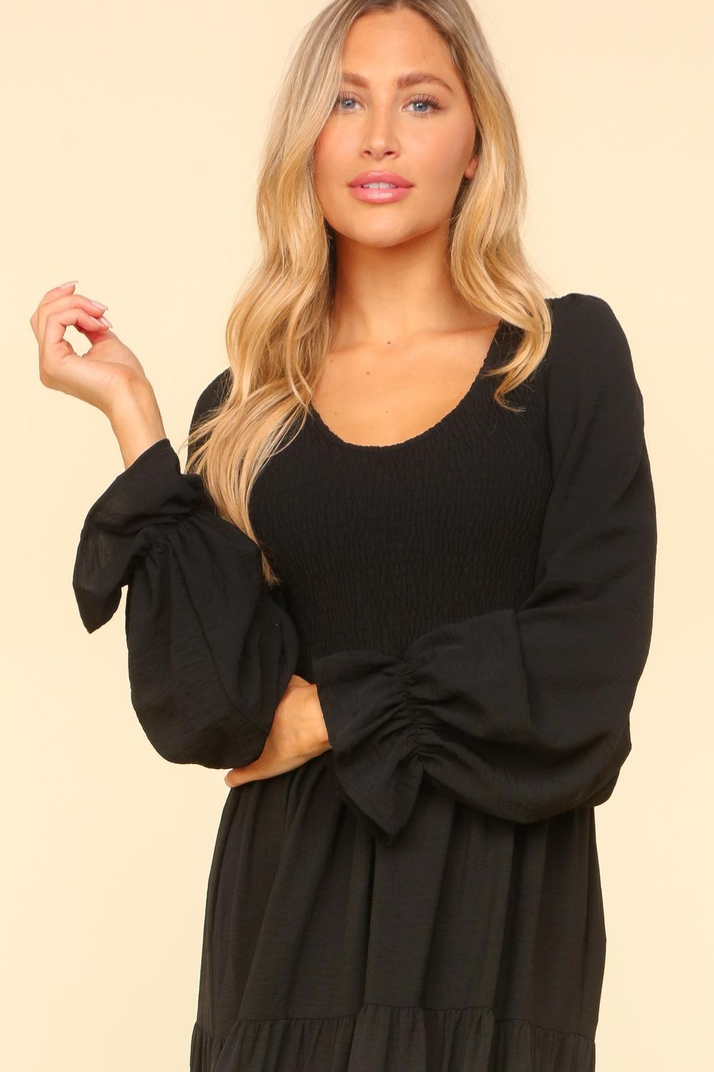 Smocking Maxi Woven Dress with Side Pockets in Black